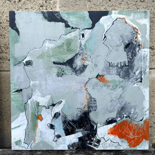 Crétacé, Peinture originale, 50x50x3cm, Œuvre de l’artiste Eva Chesneau, sur bois, bords peints, prêt à être accroché, sans cadre