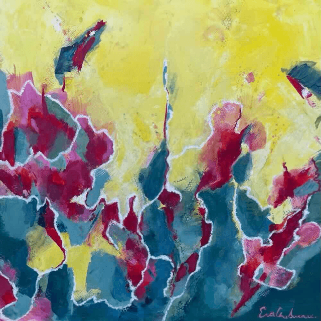Renaissance, 60x60x0,3cm, Œuvre original de l’artiste Eva Chesneau, sur bois, avec cadre de qualité en aluminium